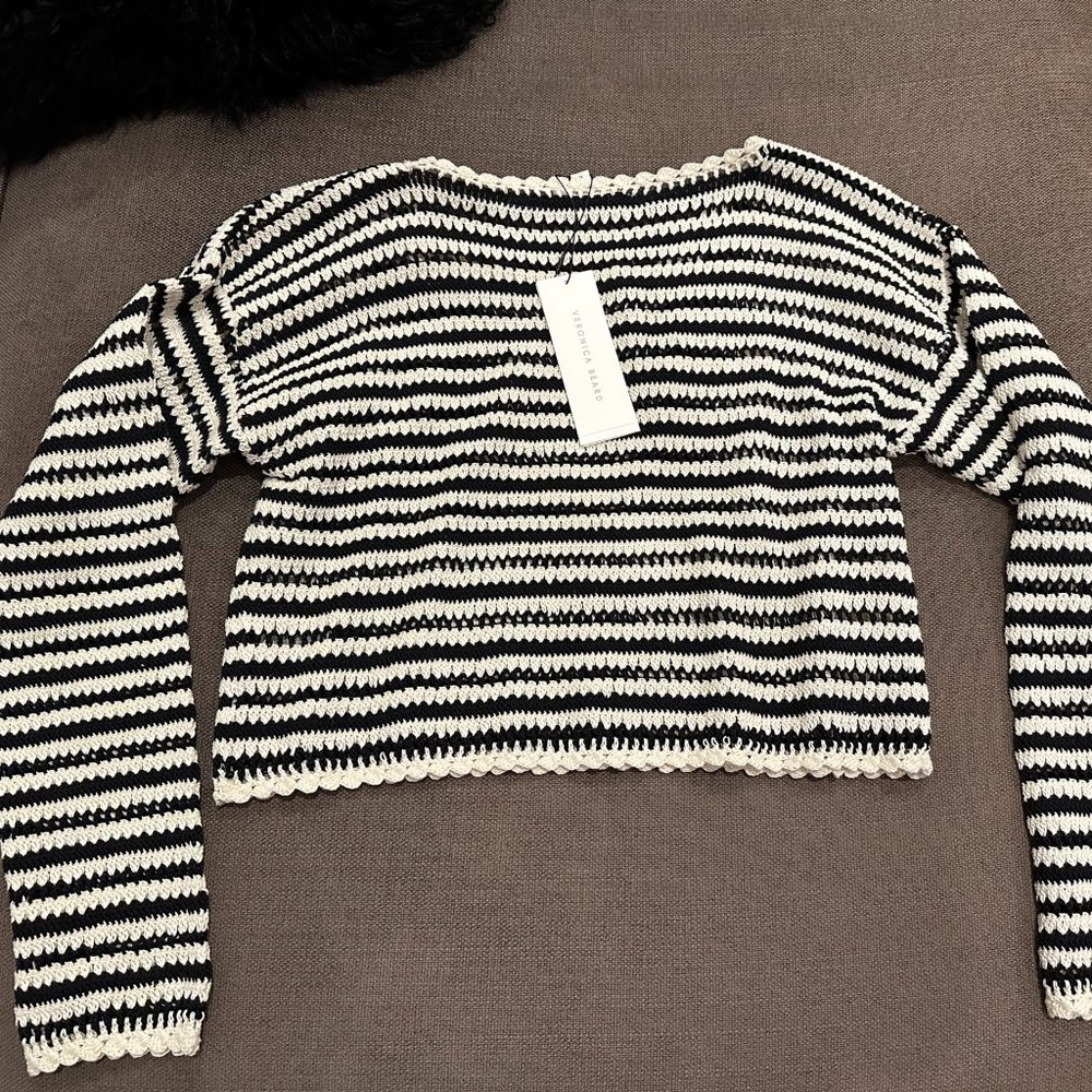 NWT Veronica Beard Knit Black White Stripe Sweater Crop 100% Cotton